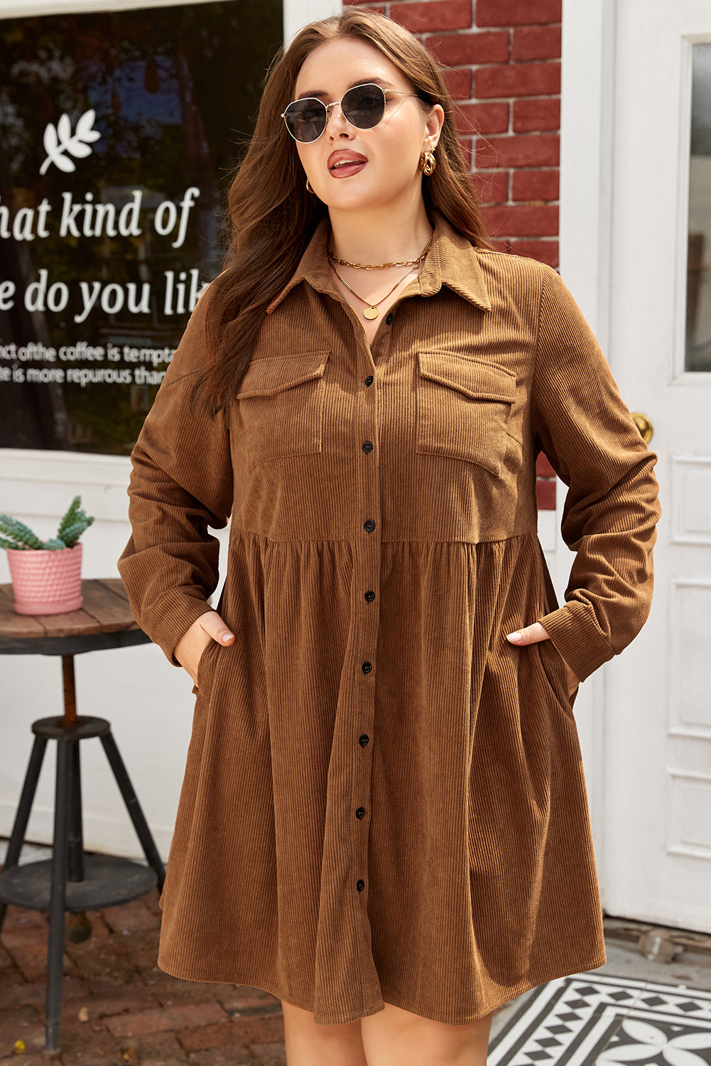 Camel Corduroy Full Buttoned Collared Plus Size Dress