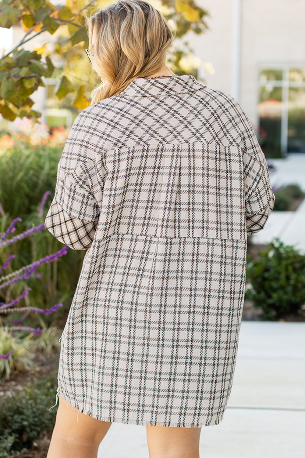 White Stripe Plus Size Plaid Buttoned Raw Hem Tunic Dress