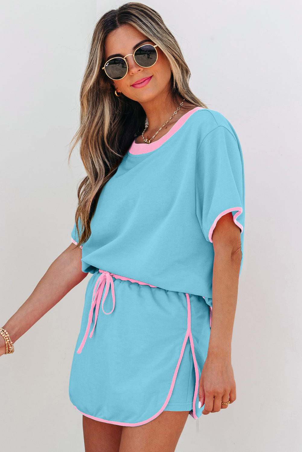 Turquoise Colorblock Edge Drop Shoulder and Skort 2Pcs Set