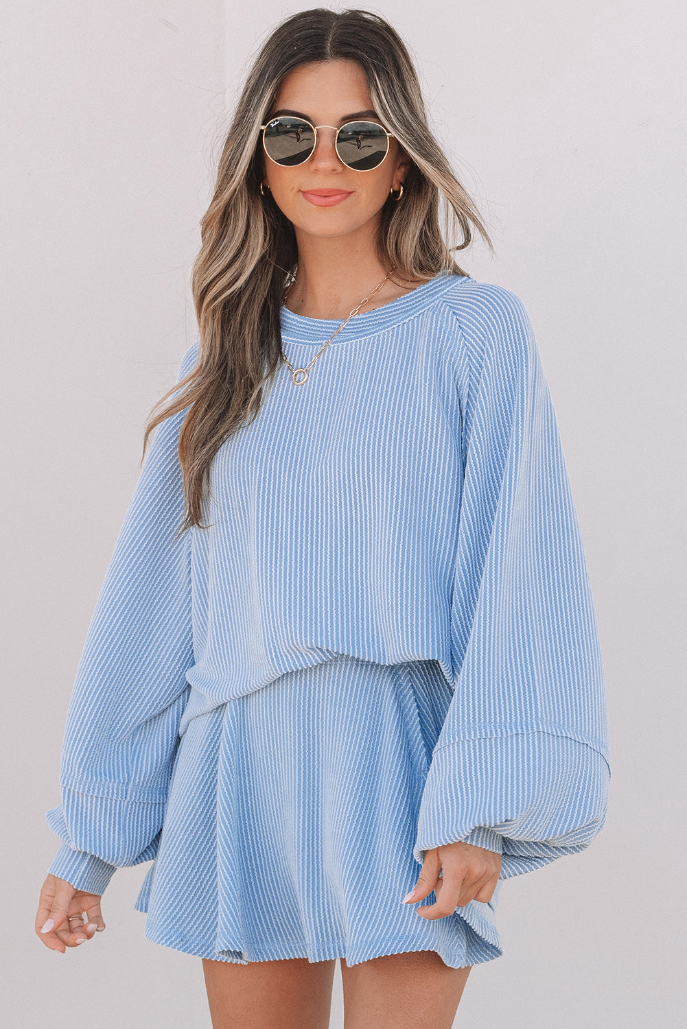 Sky Blue Corded Lantern Sleeve & High Waist Ruffled Mini Skort Set