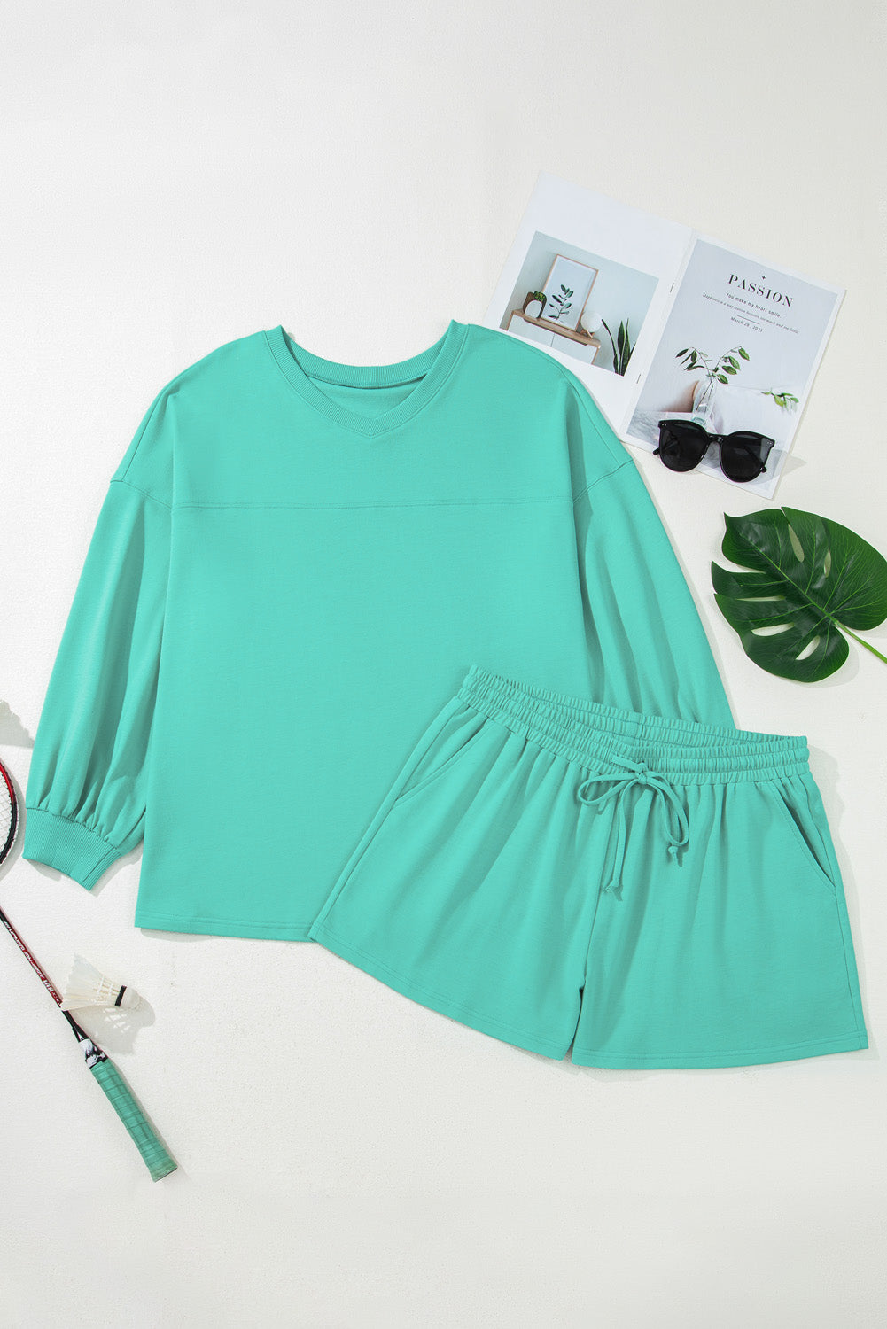 Sea Green Drop Shoulder V Neck Pullover and Drawstring Short Plus Size Set
