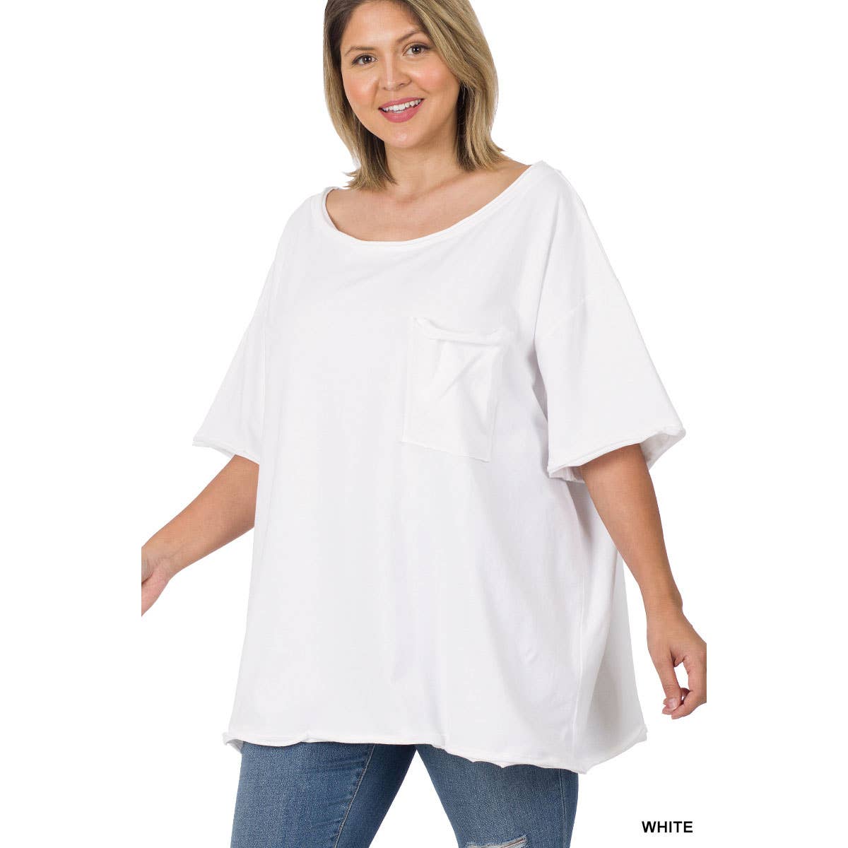 30-80X PLUS OVERSIZED FRONT POCKET RAW EDGE BOYFRIEND TEE