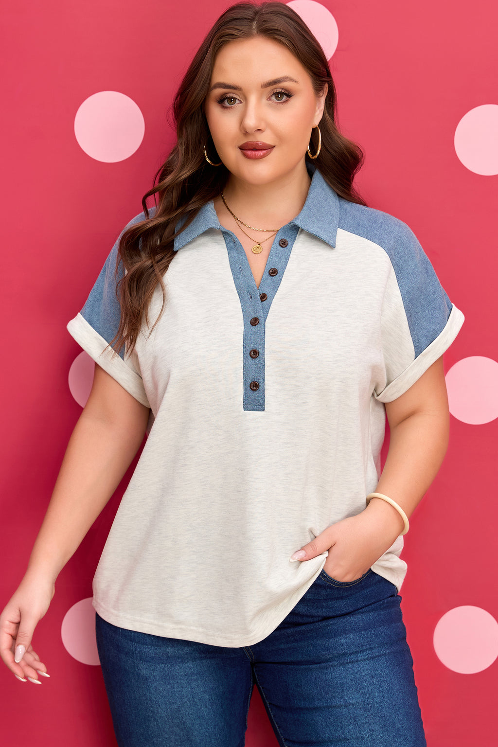 Beige Plus Size Contrast Denim Patchwork Cuffed Sleeve Polo Shirt