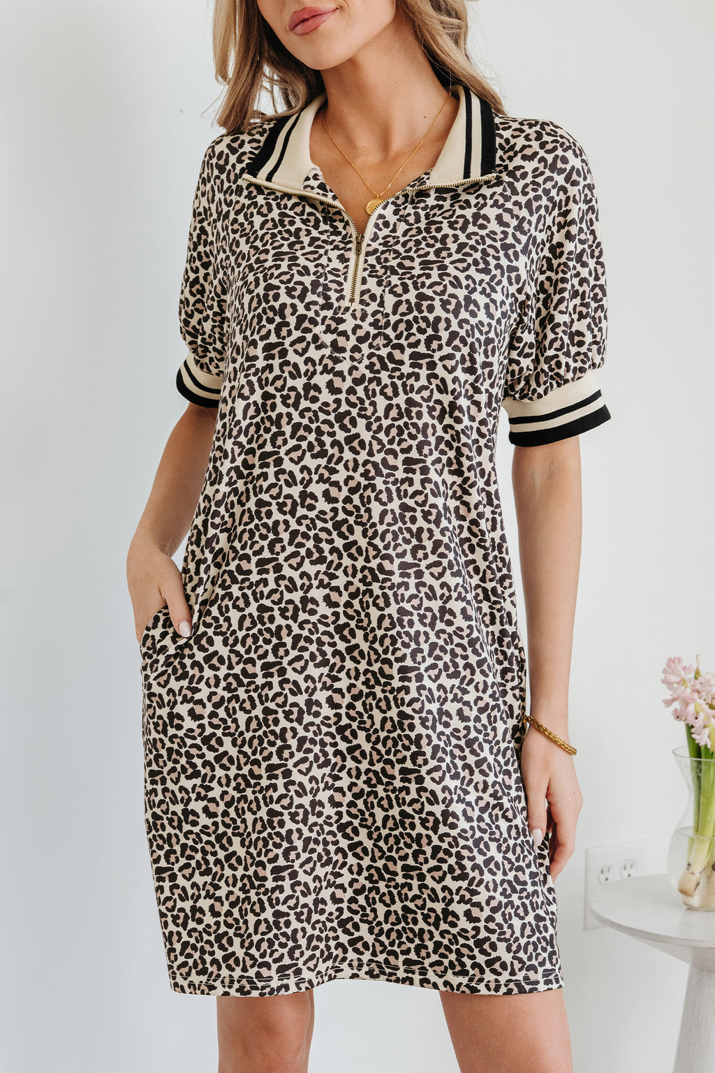 Khaki Leopard Print Zip Neck Striped Webbing Patchwork Mini Dress