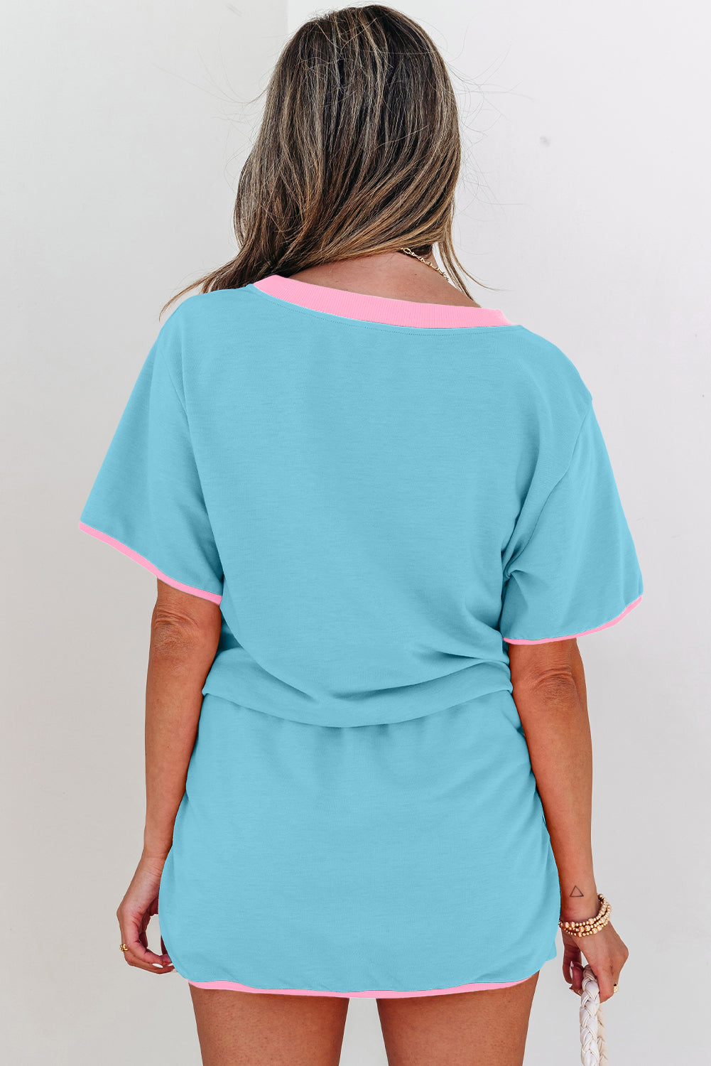 Turquoise Colorblock Edge Drop Shoulder and Skort 2Pcs Set