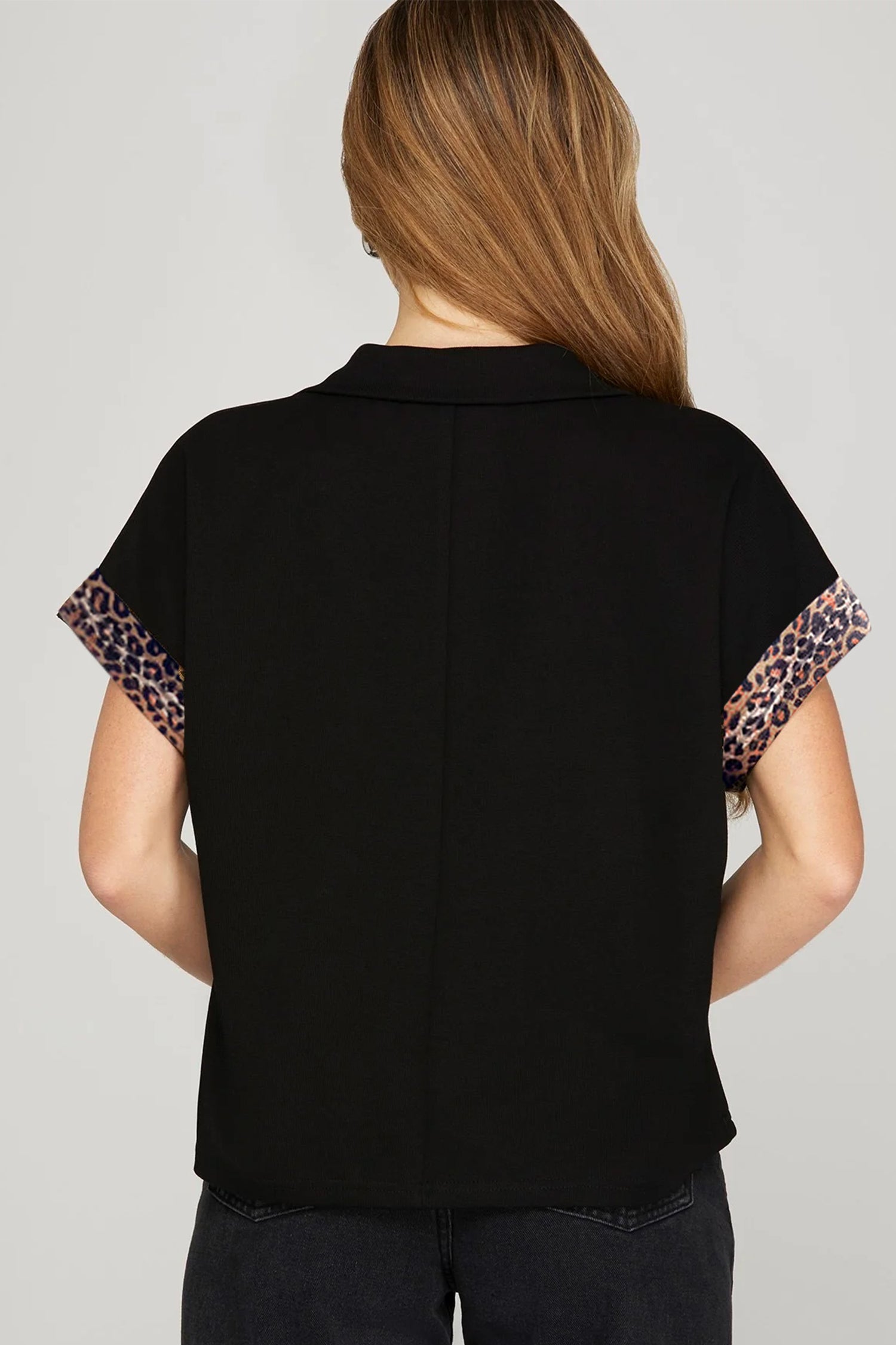 Black Plus Size Leopard Patchwork Half Zip Short Sleeve Top