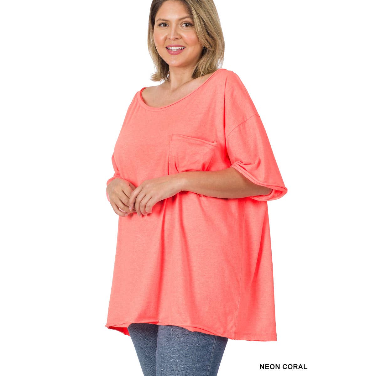 30-80X PLUS OVERSIZED FRONT POCKET RAW EDGE BOYFRIEND TEE