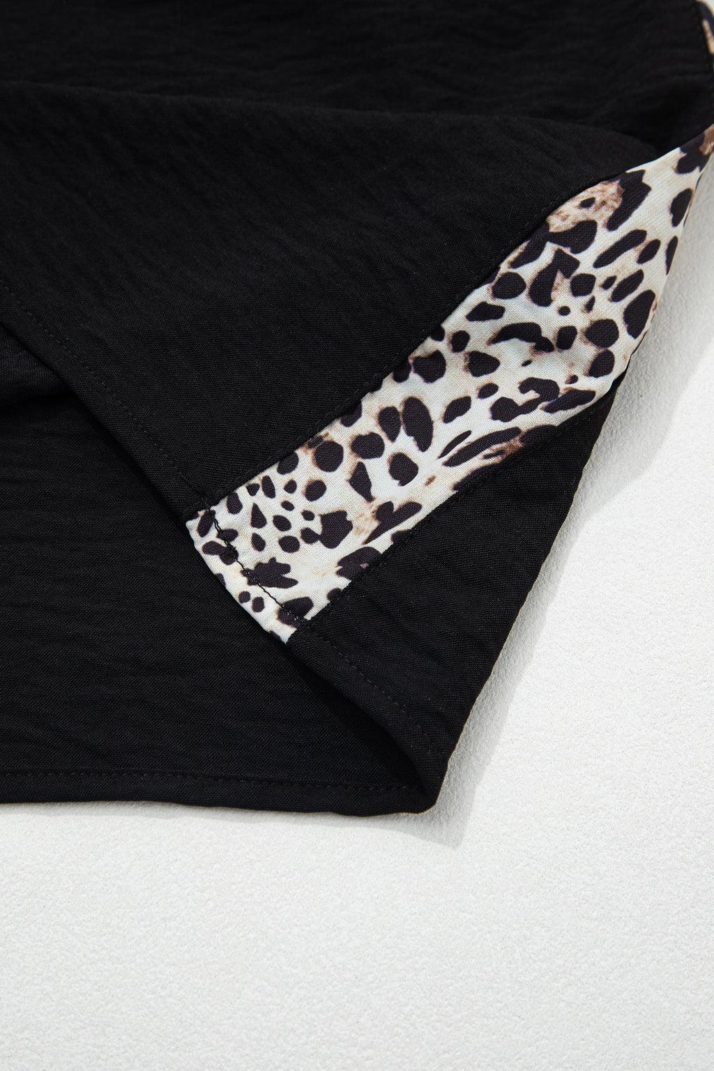 Black Plus Size Leopard Patchwork Round Neck Loose Shirt