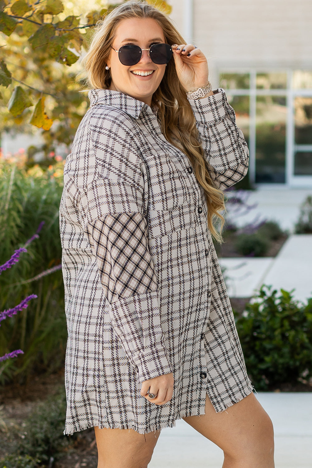 White Stripe Plus Size Plaid Buttoned Raw Hem Tunic Dress