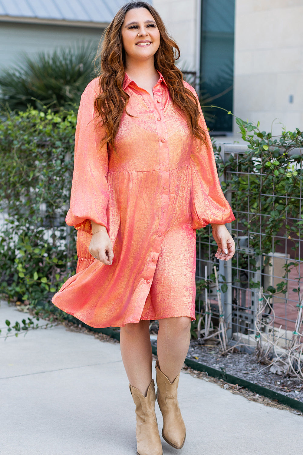 Peach Blossom Metallic Balloon Sleeve Plus Size Mini Dress