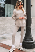 Jet Stream Solid Color Oversize Slit Sweatshirt Ribbed Leggings 2pcs Set