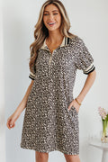 Khaki Leopard Print Zip Neck Striped Webbing Patchwork Mini Dress