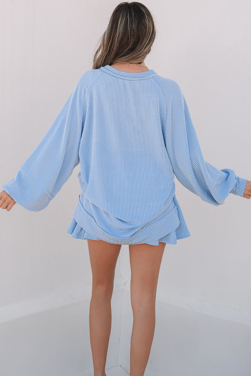 Sky Blue Corded Lantern Sleeve & High Waist Ruffled Mini Skort Set