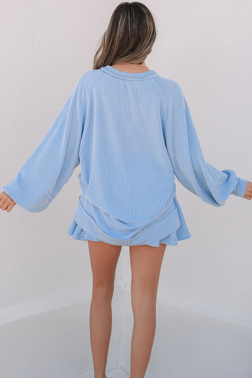 Sky Blue Corded Lantern Sleeve & High Waist Ruffled Mini Skort Set