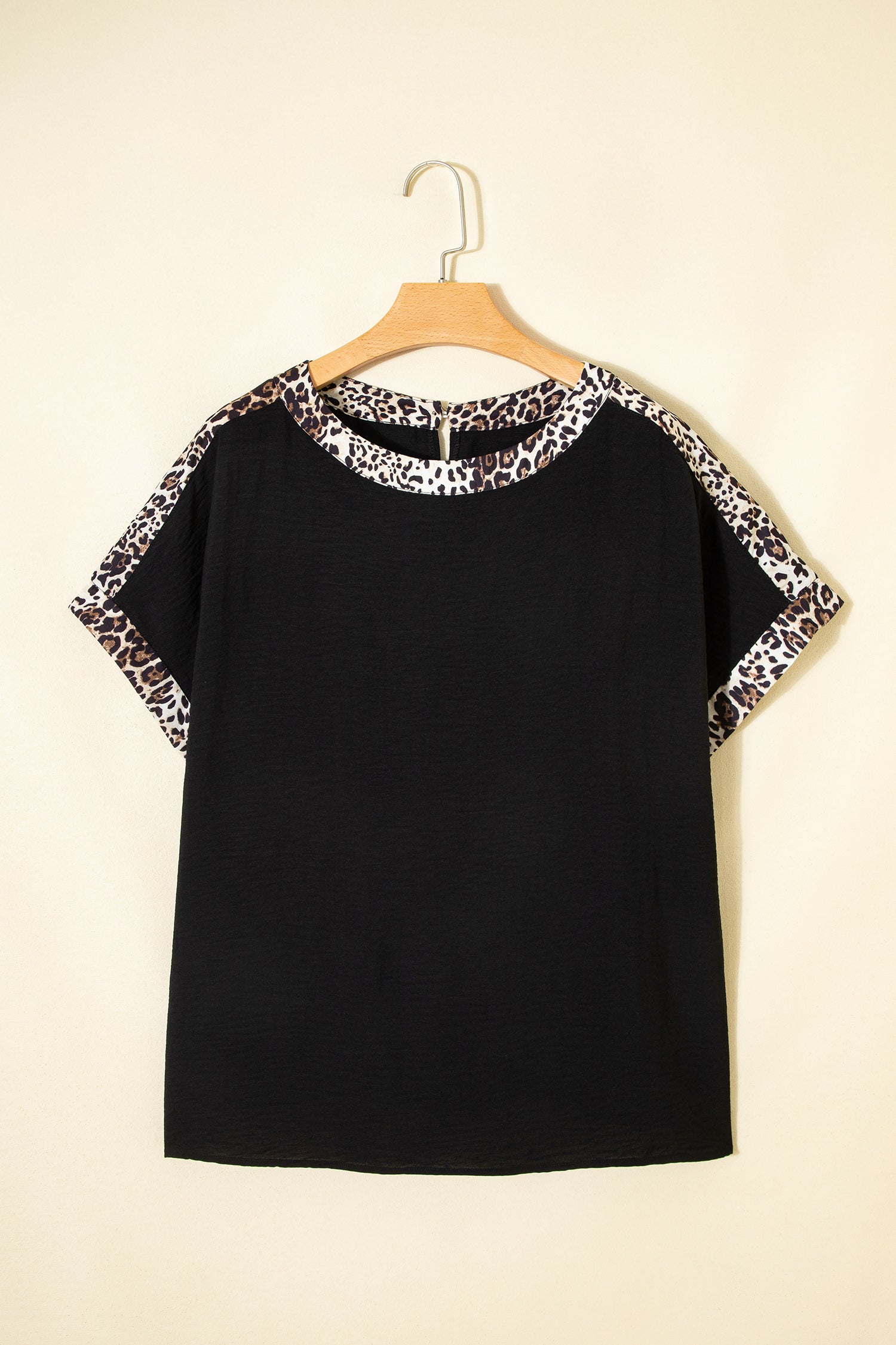 Black Plus Size Leopard Patchwork Round Neck Loose Shirt