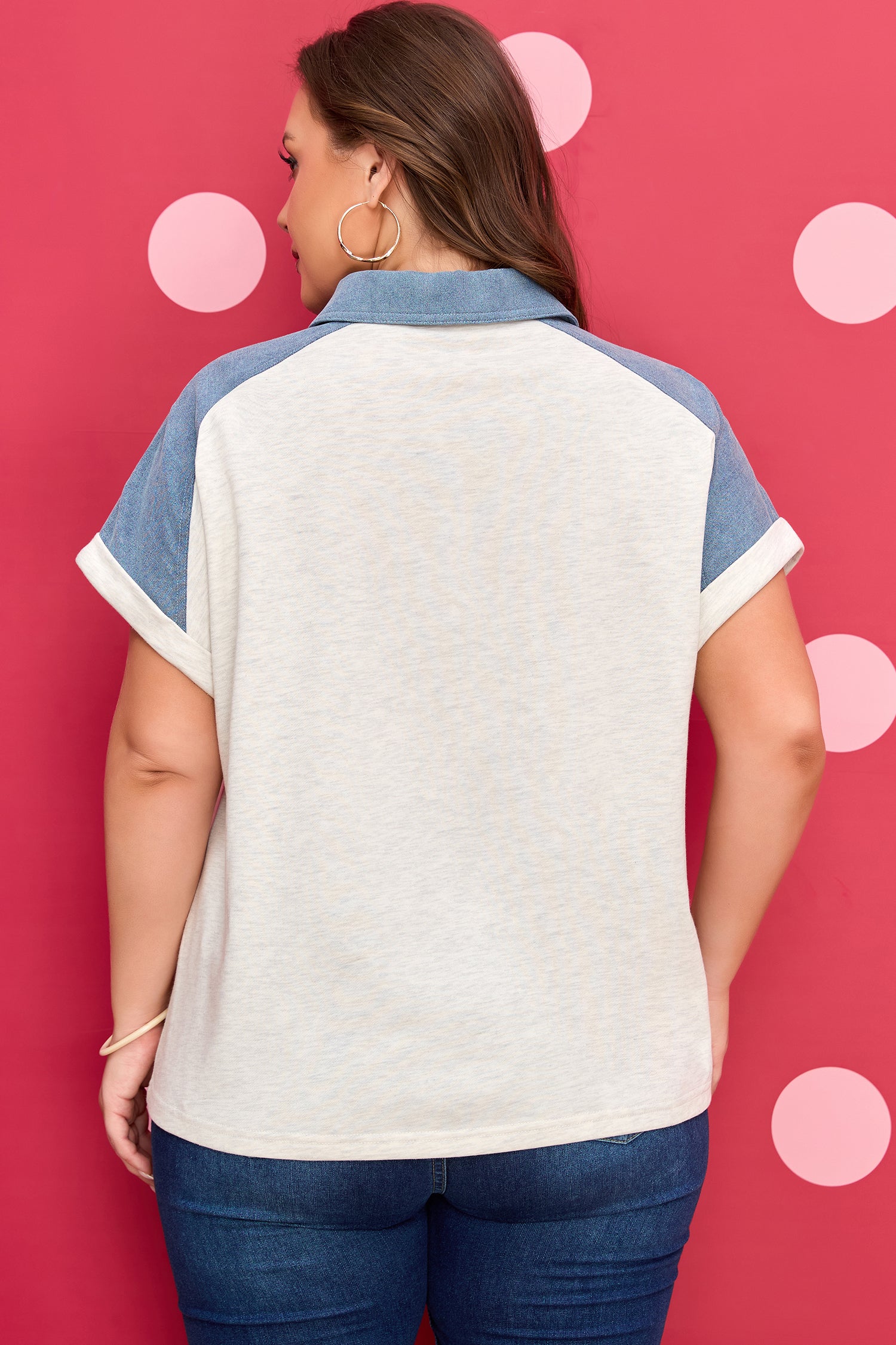 Beige Plus Size Contrast Denim Patchwork Cuffed Sleeve Polo Shirt