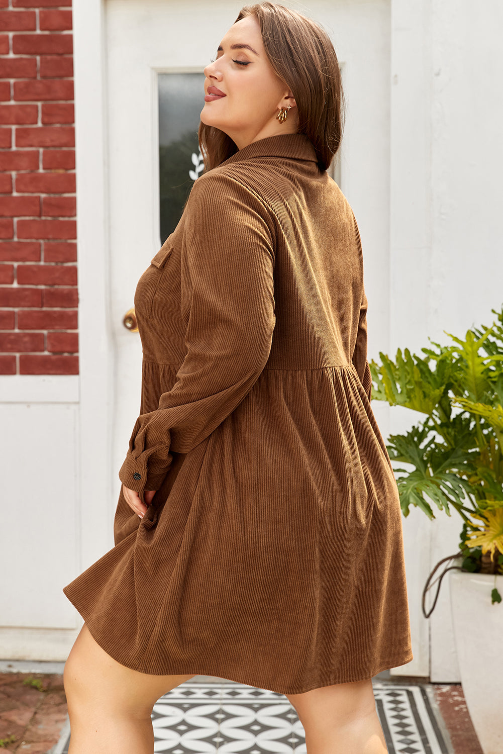 Camel Corduroy Full Buttoned Collared Plus Size Dress
