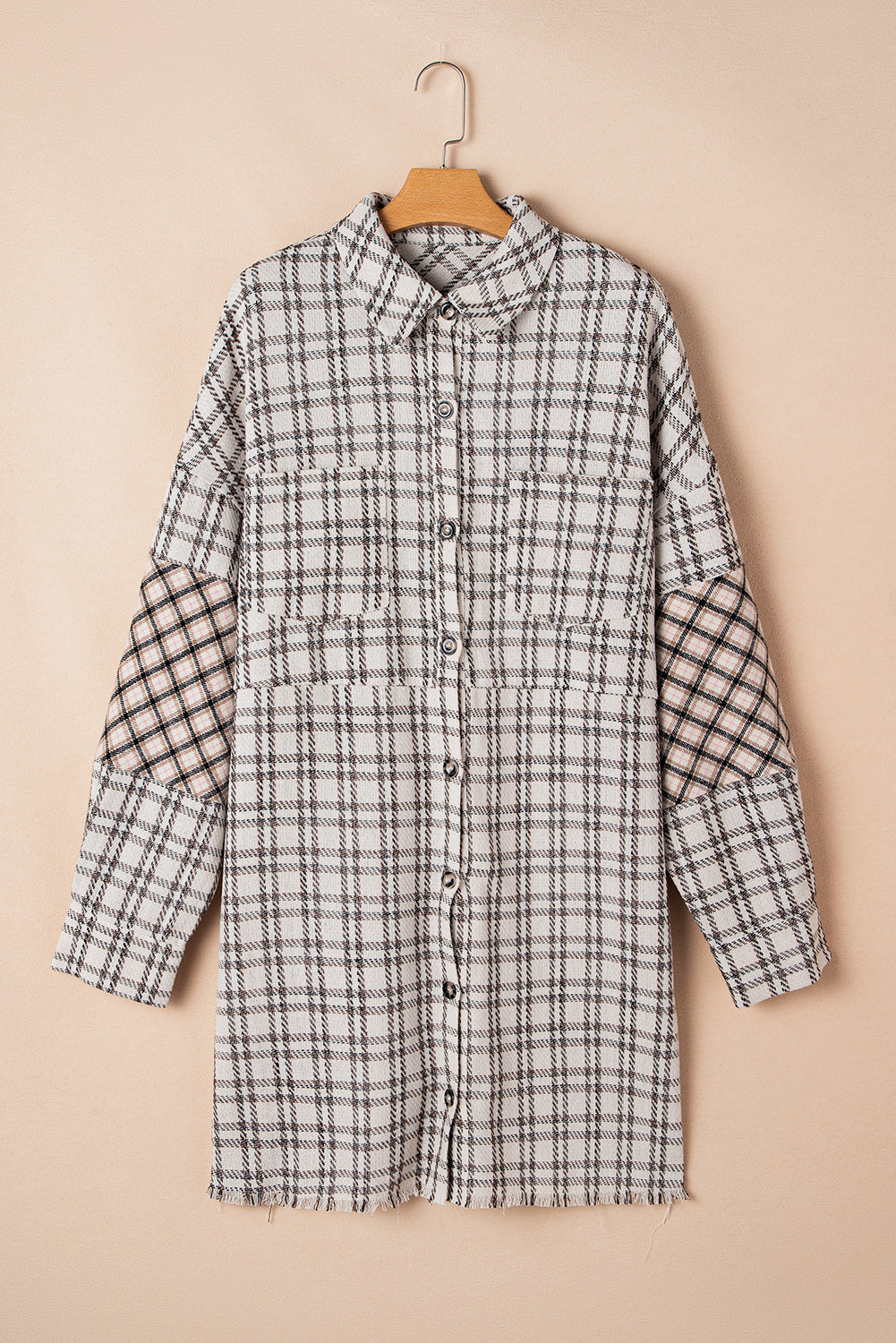 White Stripe Plus Size Plaid Buttoned Raw Hem Tunic Dress