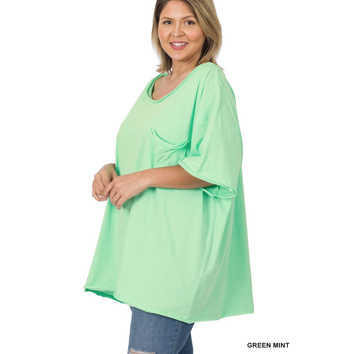 30-80X PLUS OVERSIZED FRONT POCKET RAW EDGE BOYFRIEND TEE