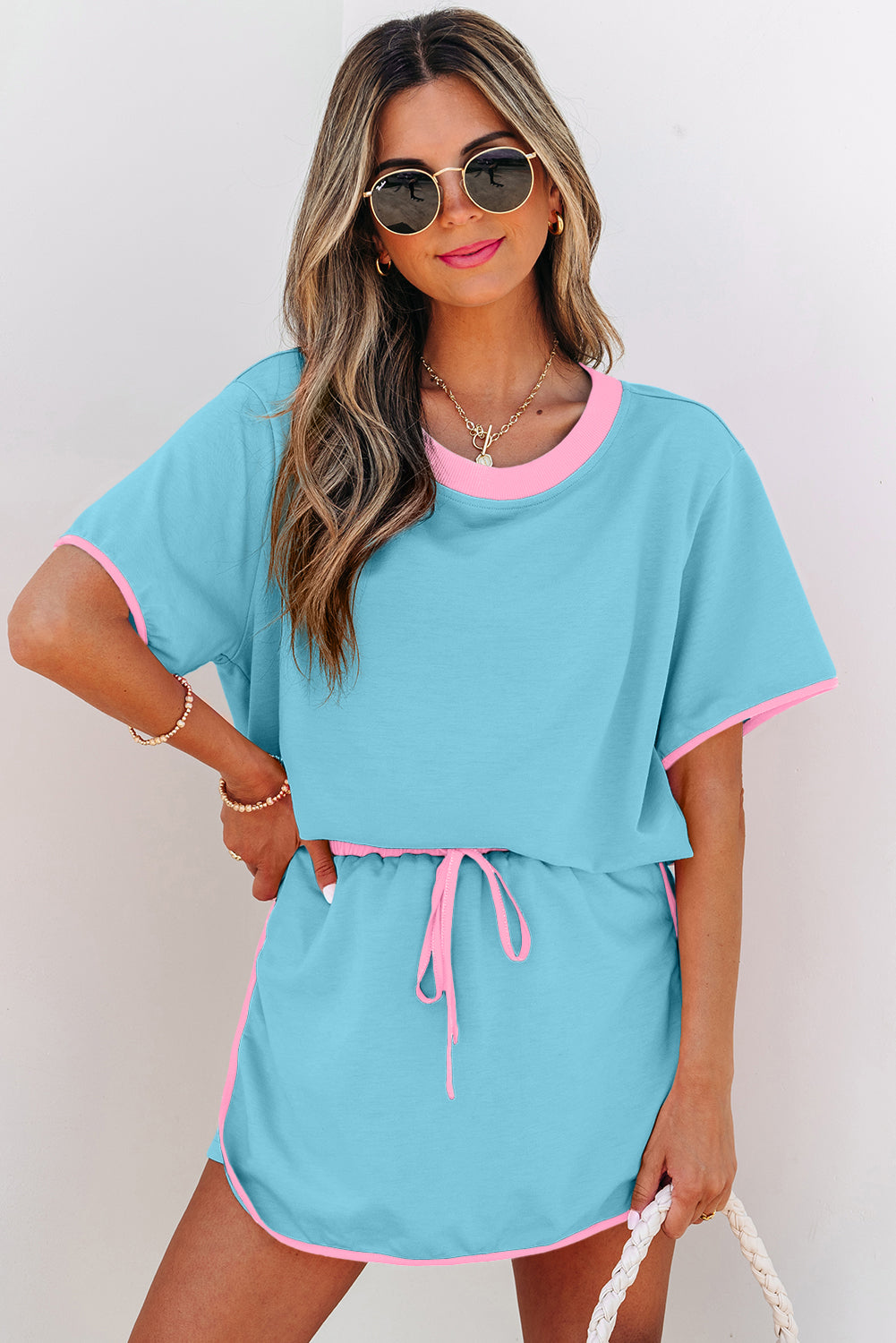 Turquoise Colorblock Edge Drop Shoulder and Skort 2Pcs Set