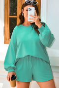 Sea Green Drop Shoulder V Neck Pullover and Drawstring Short Plus Size Set