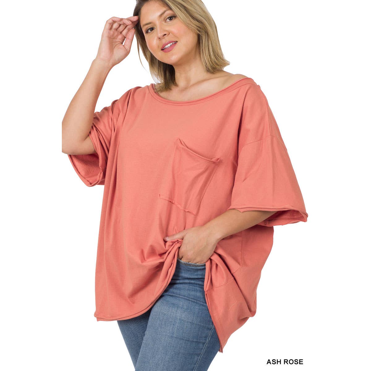 30-80X PLUS OVERSIZED FRONT POCKET RAW EDGE BOYFRIEND TEE