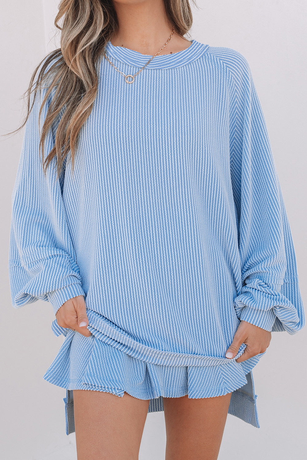 Sky Blue Corded Lantern Sleeve & High Waist Ruffled Mini Skort Set