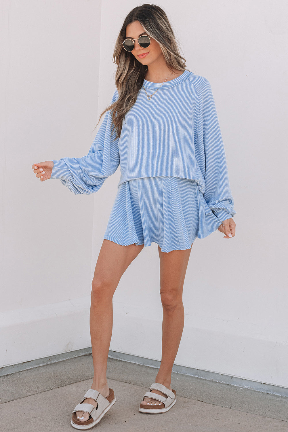 Sky Blue Corded Lantern Sleeve & High Waist Ruffled Mini Skort Set