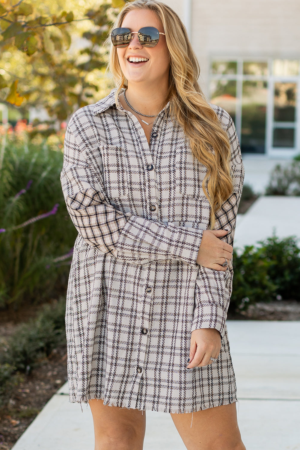 White Stripe Plus Size Plaid Buttoned Raw Hem Tunic Dress