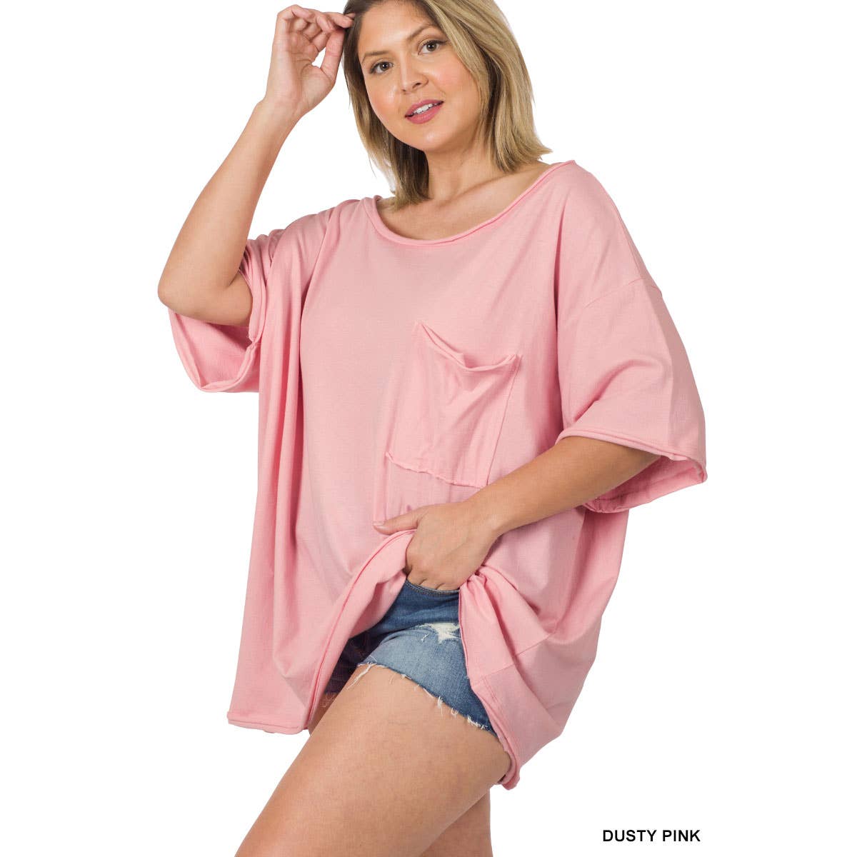 30-80X PLUS OVERSIZED FRONT POCKET RAW EDGE BOYFRIEND TEE