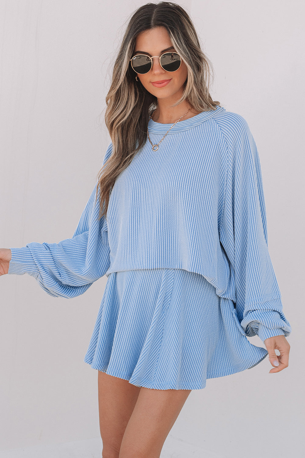 Sky Blue Corded Lantern Sleeve & High Waist Ruffled Mini Skort Set