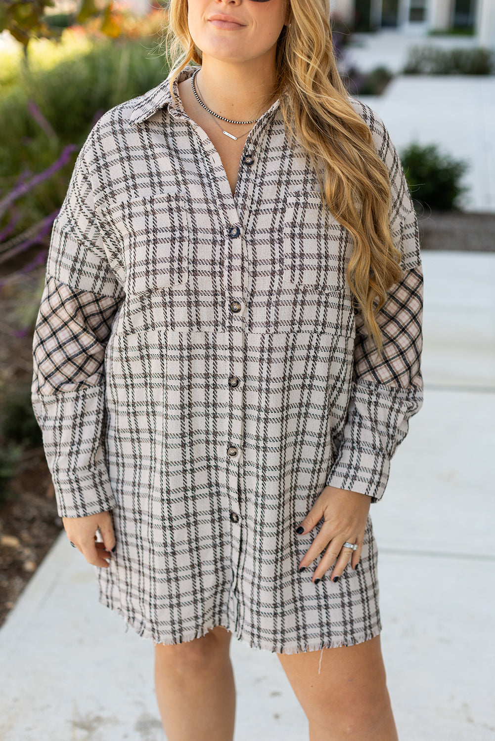White Stripe Plus Size Plaid Buttoned Raw Hem Tunic Dress