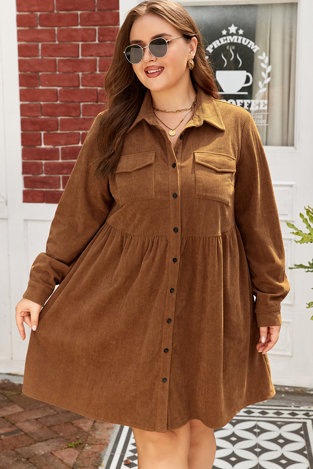 Camel Corduroy Full Buttoned Collared Plus Size Dress