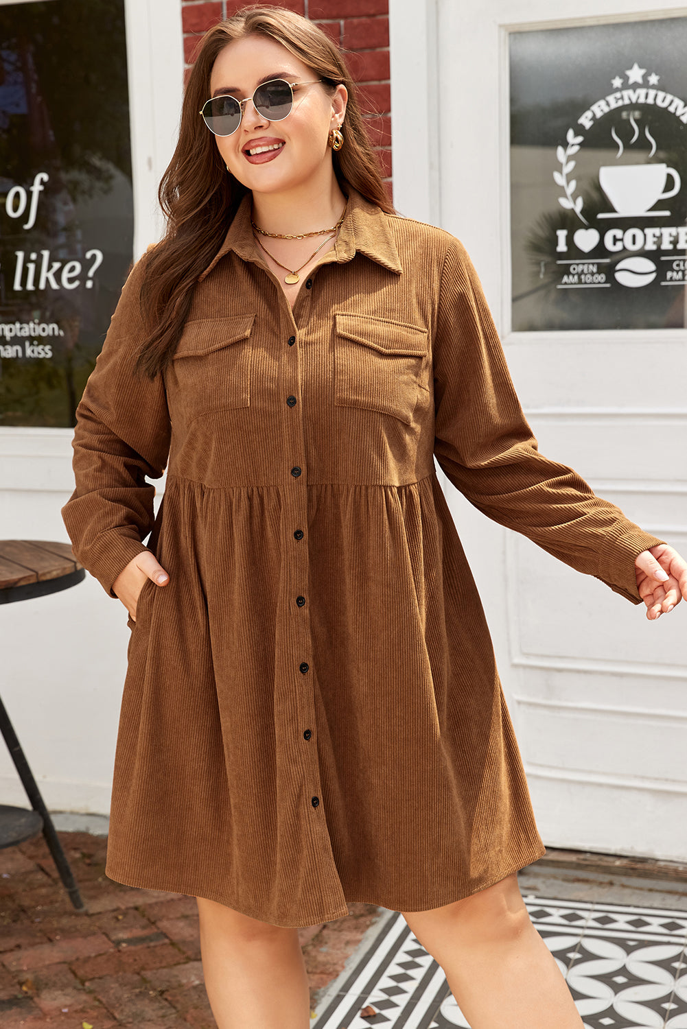 Camel Corduroy Full Buttoned Collared Plus Size Dress