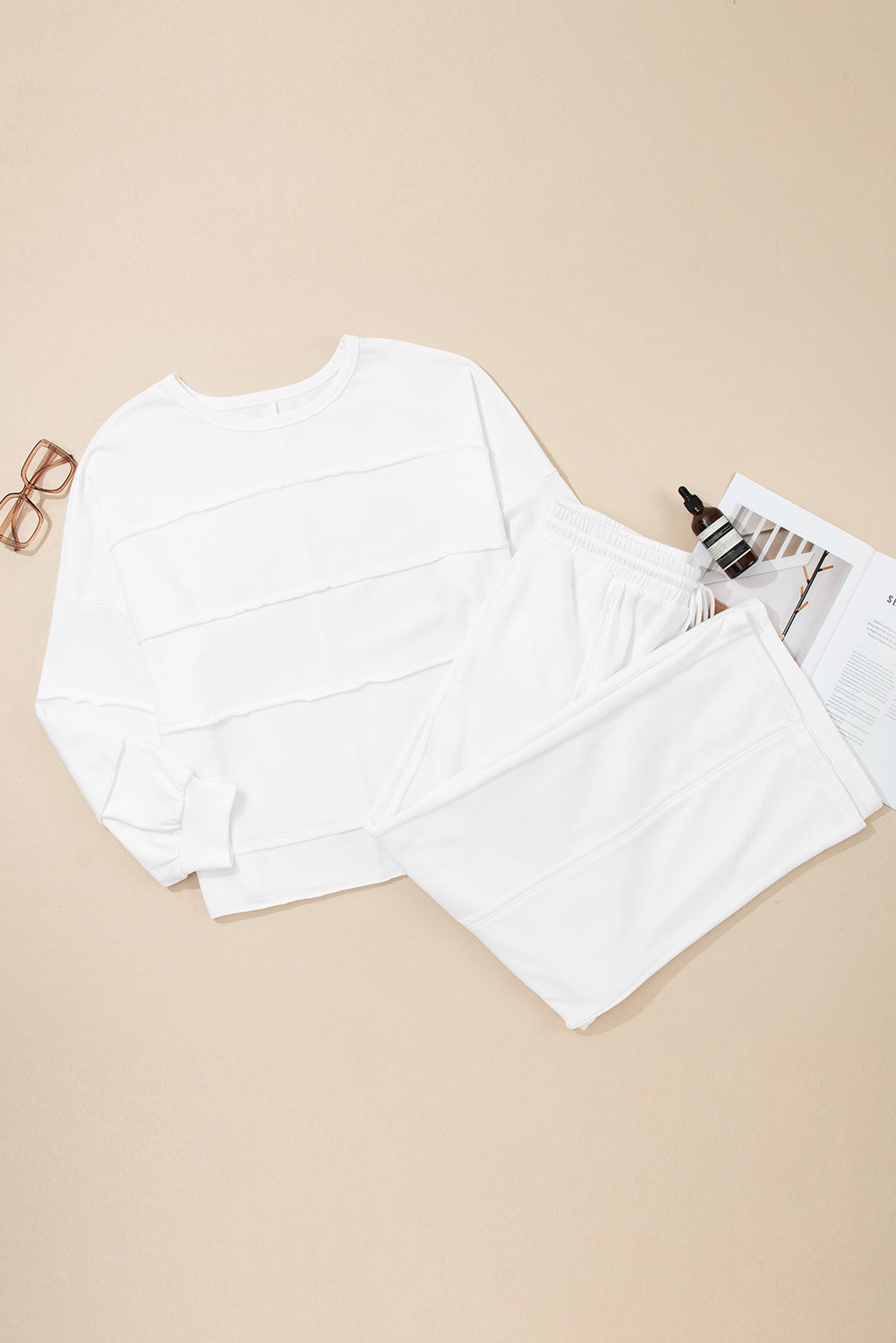 White Textured Raw Seam Plus Size Pullover Drawstring Pants Set