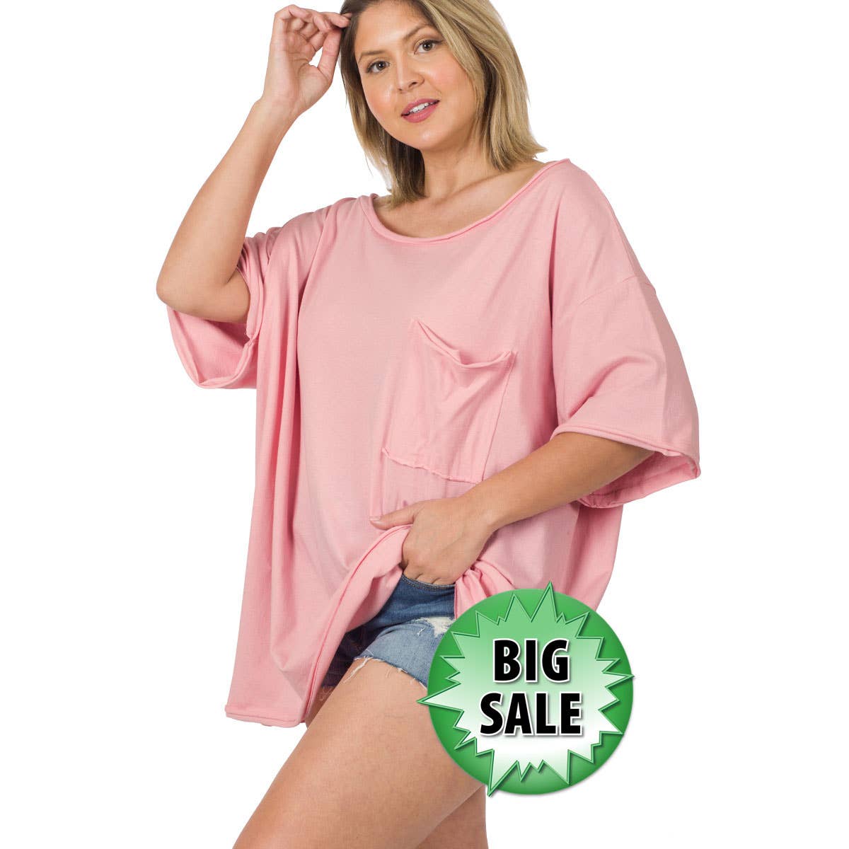 30-80X PLUS OVERSIZED FRONT POCKET RAW EDGE BOYFRIEND TEE