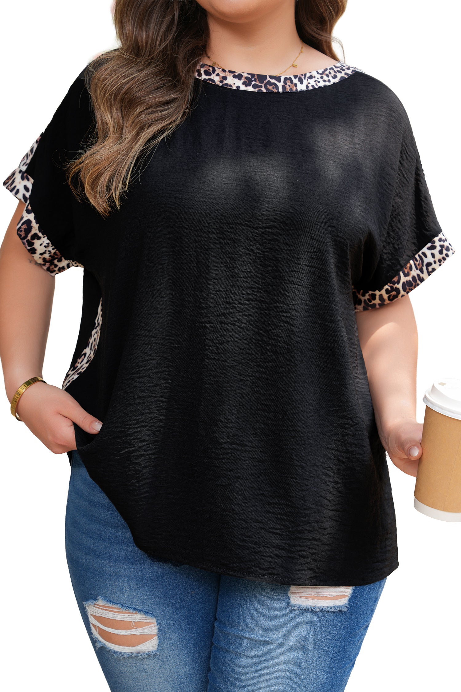 Black Plus Size Leopard Patchwork Round Neck Loose Shirt