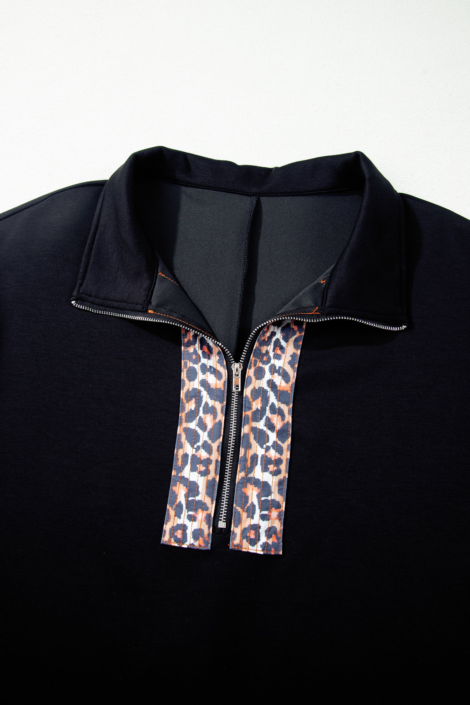 Black Plus Size Leopard Patchwork Half Zip Short Sleeve Top