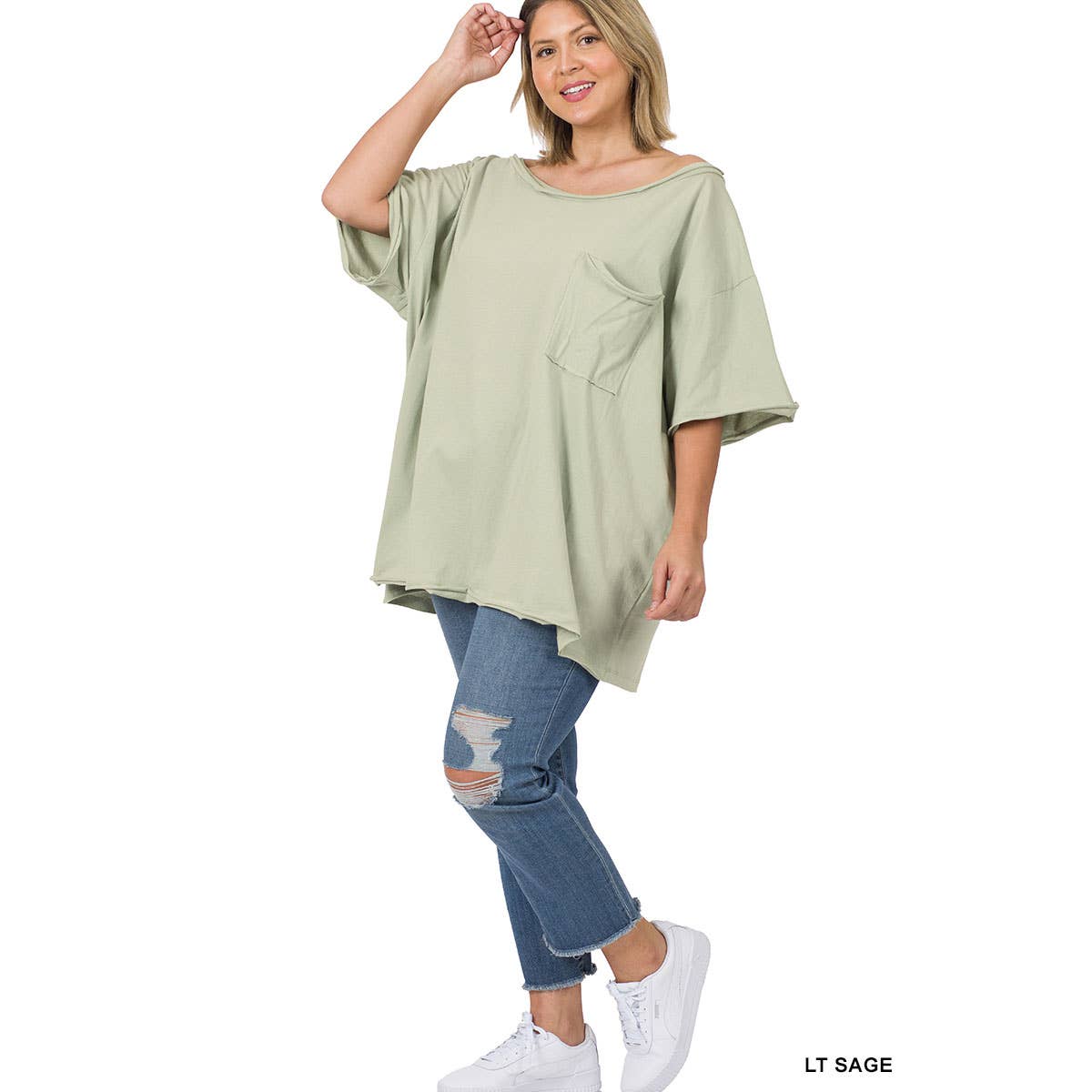 30-80X PLUS OVERSIZED FRONT POCKET RAW EDGE BOYFRIEND TEE