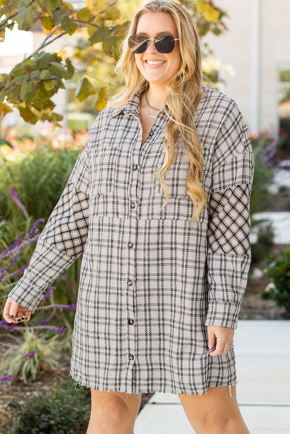 White Stripe Plus Size Plaid Buttoned Raw Hem Tunic Dress