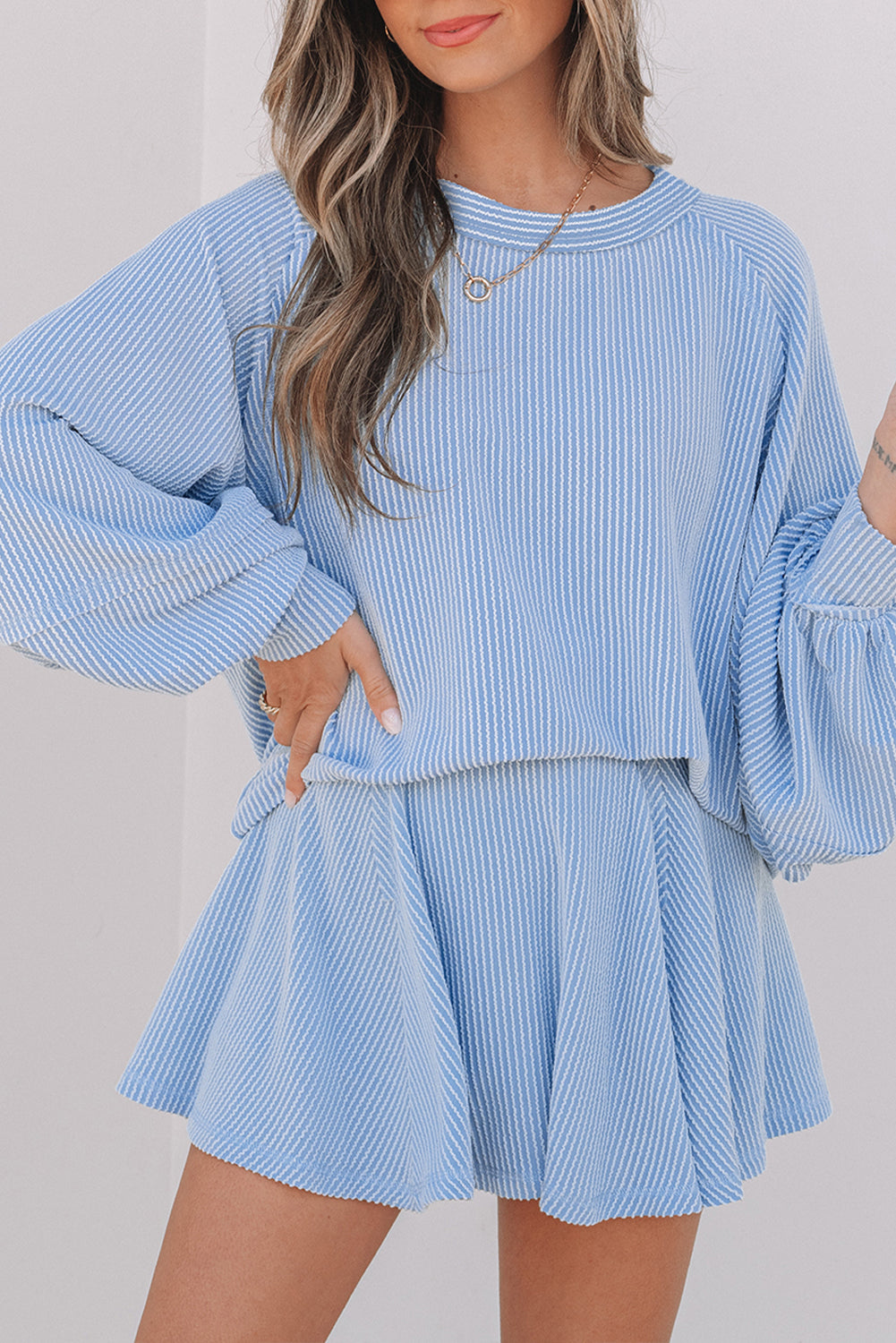 Sky Blue Corded Lantern Sleeve & High Waist Ruffled Mini Skort Set
