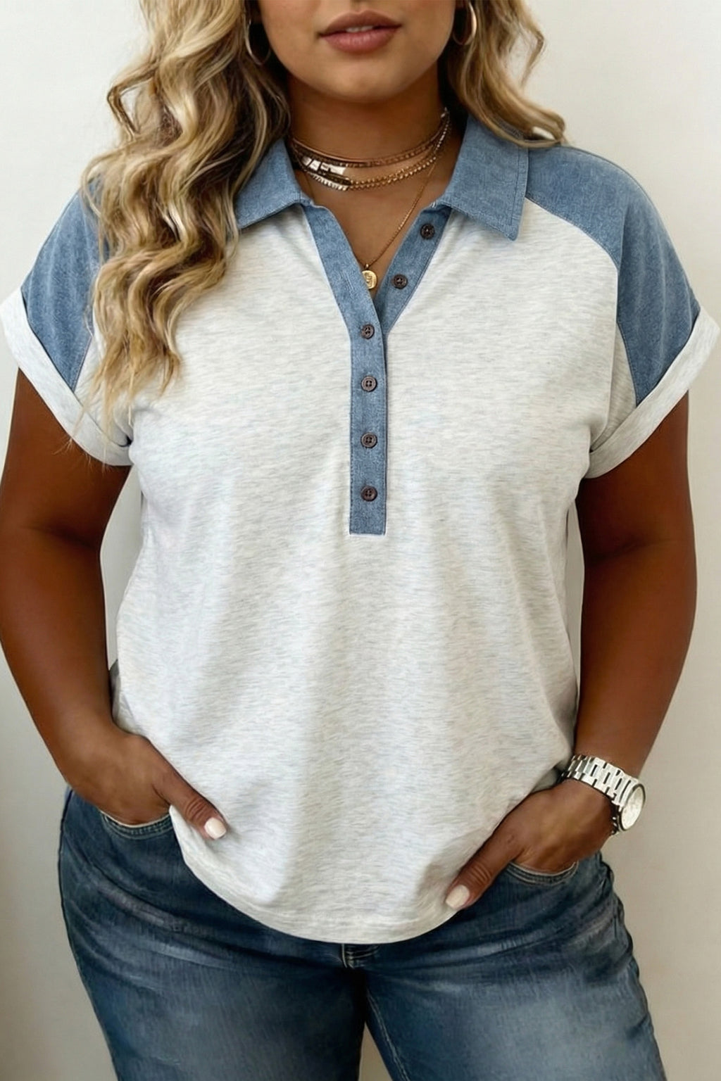 Beige Plus Size Contrast Denim Patchwork Cuffed Sleeve Polo Shirt