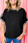 Black Plus Size Leopard Patchwork Round Neck Loose Shirt