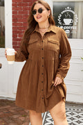 Camel Corduroy Full Buttoned Collared Plus Size Dress
