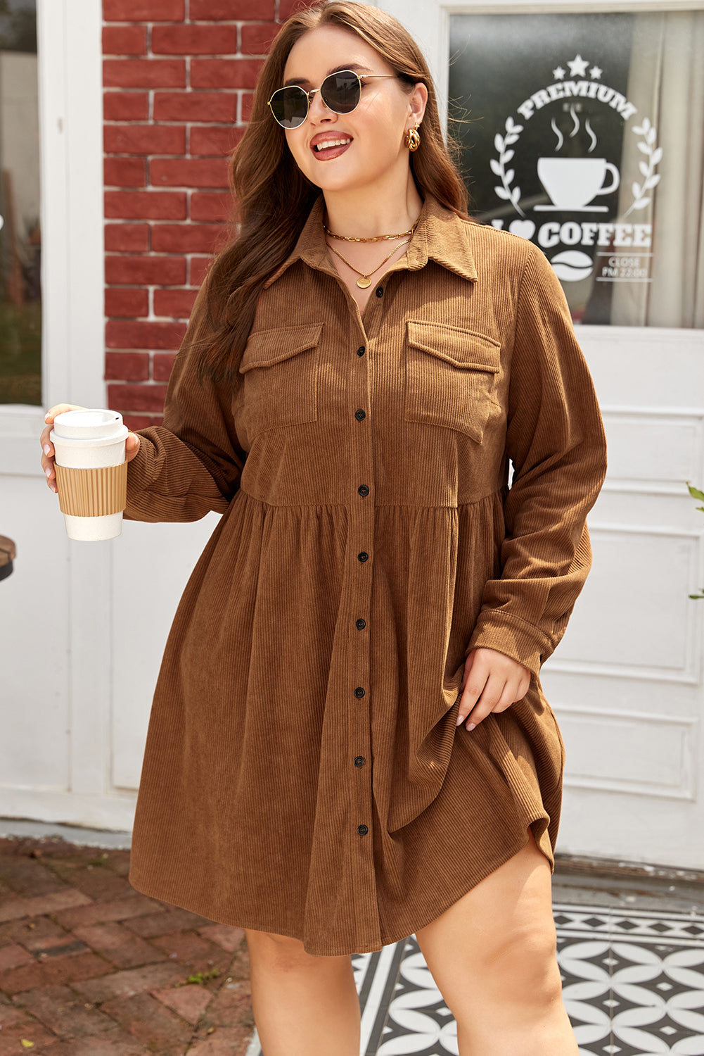 Camel Corduroy Full Buttoned Collared Plus Size Dress