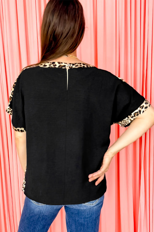 Black Plus Size Leopard Patchwork Round Neck Loose Shirt