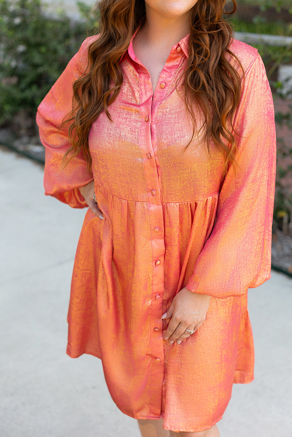 Peach Blossom Metallic Balloon Sleeve Plus Size Mini Dress