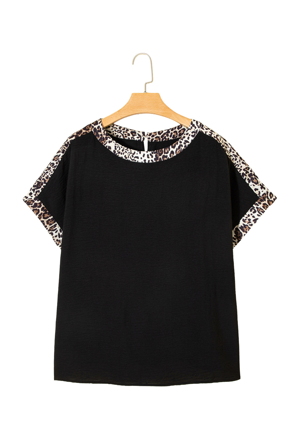Black Plus Size Leopard Patchwork Round Neck Loose Shirt