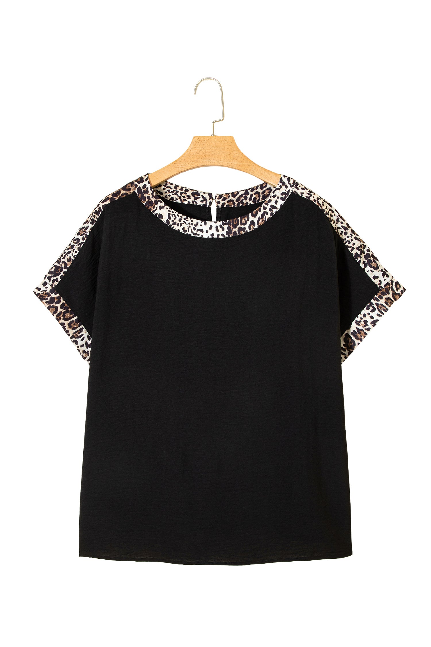 Black Plus Size Leopard Patchwork Round Neck Loose Shirt