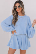 Sky Blue Corded Lantern Sleeve & High Waist Ruffled Mini Skort Set